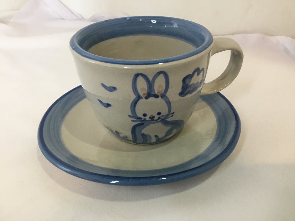 M.A. Hadley 2 Piece Gray/Blue Stoneware Cup/Saucer