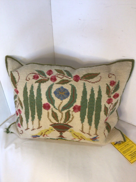 Vintage Multi-Color Cotton Needle Point Flowers Pillow