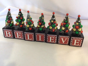 Blocks Multi-Color Wood Christmas Trees Believe Holiday Item