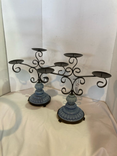 Pair Black/Blue Ceramic/Metal Candleabra Candle Holders