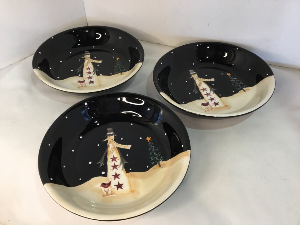 Certified Int. Bowl White/Black Ceramic Snowman Set of 3 Holiday Item