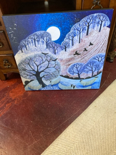 Blue/Multi Trees/Bird Stretch Canvas Art