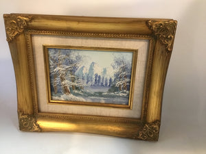 Signed Gold Frame Painting Trees Mountain Framed Art
