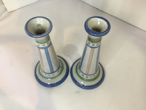 M.A. Hadley Gray/Blue Ceramic Pair Candlesticks