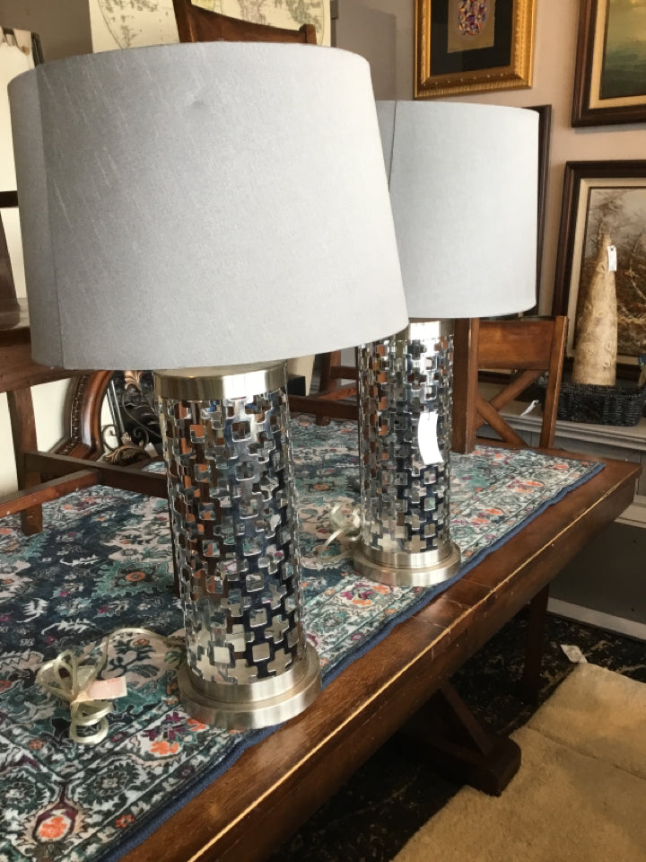 Pair Silver Metal Lamp Set