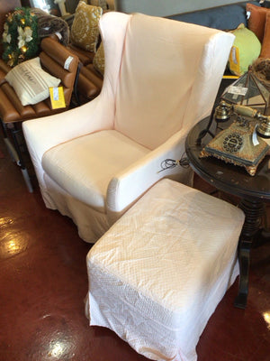 Restoration Hrd. Quilted Cotton Slipcover Pink Chair & Ottoman