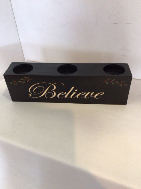 Black Wood Believe Candle Holder
