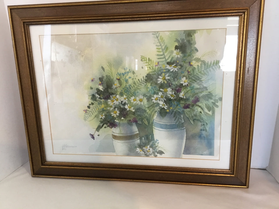 Signed Blue/Green Daisy Fern Framed Art