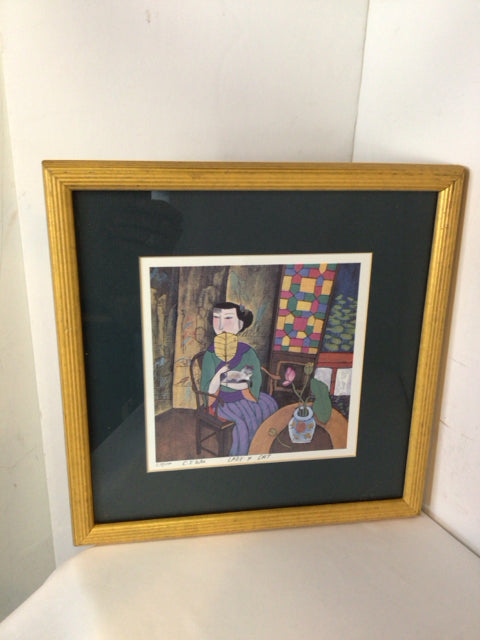 Oriental Blue/Multi Woman Cat Framed Art