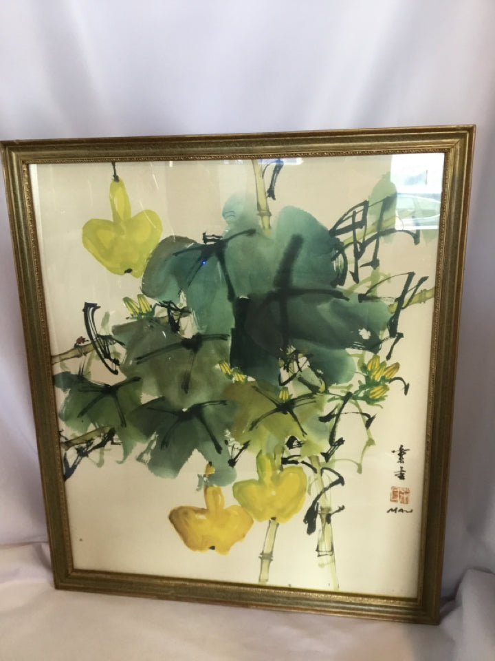 Vintage Japanese Green/Yellow Bamboo Floral Framed Art