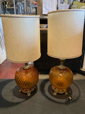 Hollywood Regency Amber Glass Hobnail Lamp Set