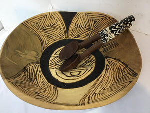 Ethnic Brown Wood W/Spoon Serving Dish