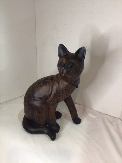 Carved Brown Wood Cat Statue