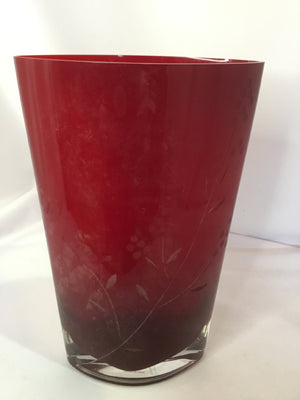 Vintage Red Glass Etched Vase