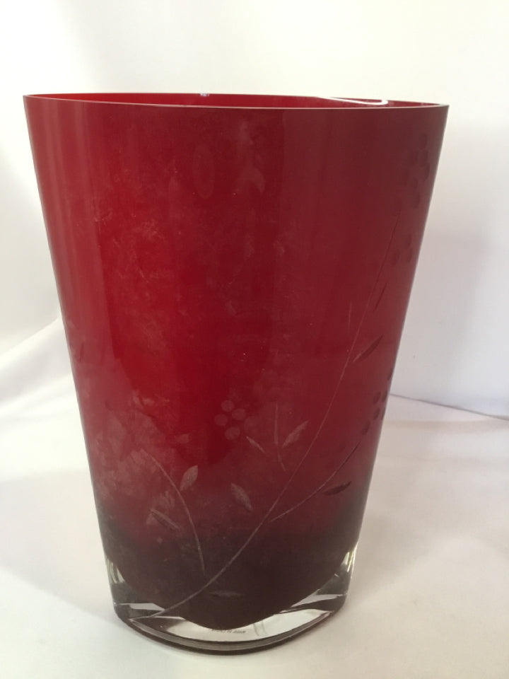 Vintage Red Glass Etched Vase