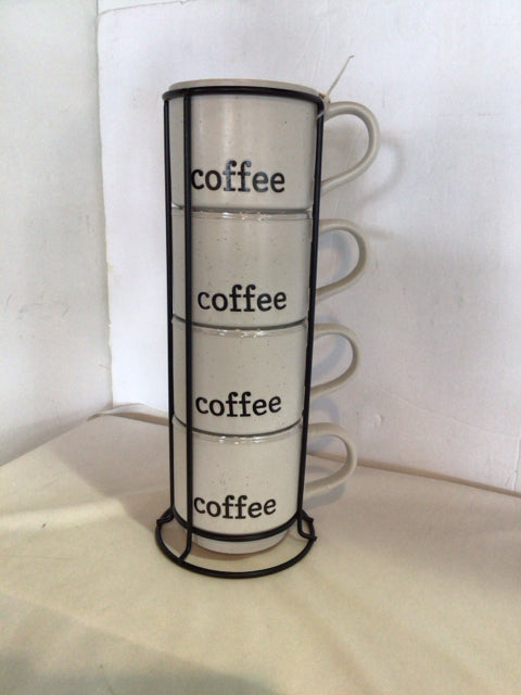 Stacking White/Black Ceramic Set of 4 Mug Set