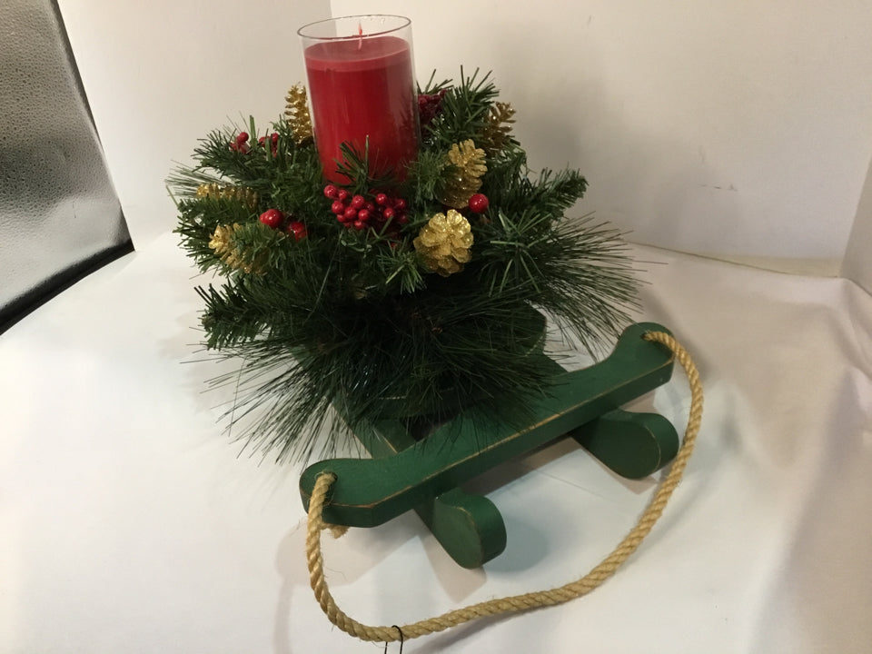 Centerpiece Red/Green Wood Candle Sled Holiday Item