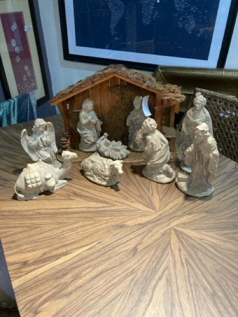 Vintage 10 pieces Brown/White Wood/Stone Nativity As Is Holiday Item