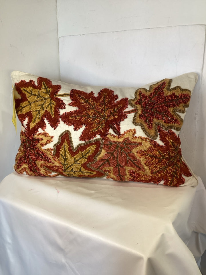 Autumn Cotton Beaded Leaves Pillow