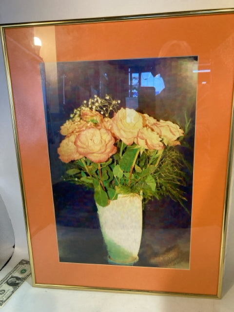 Matted Orange/Green Flowers Framed Art