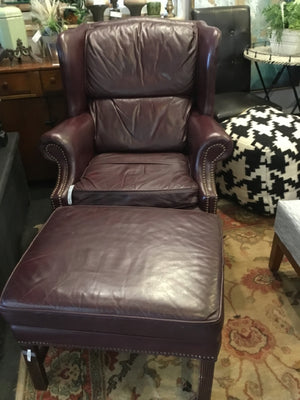 Classic Leather Wing Back Leather AS IS Nail Head Trim Cordovan Chair & Ottoman
