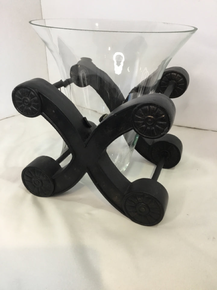 Black/Clear Wood/Glass In Holder Vase