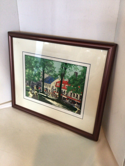 Signed Green/multi Town Framed Art
