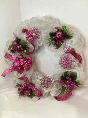 Wreath Pink/white Ribbon Bows Snowflake Holiday Item