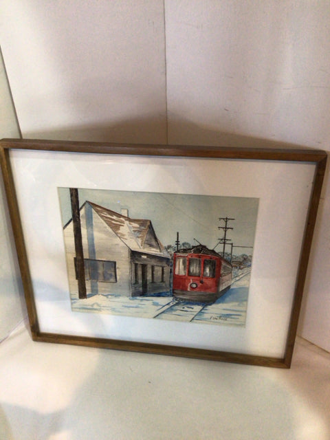 Signed Blue/Red Water Color Train Station Framed Art
