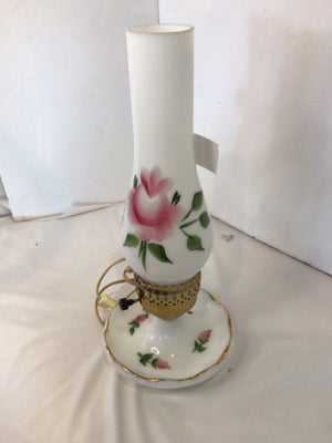 Vintage White/Pink Glass Roses Hurricane Lamp