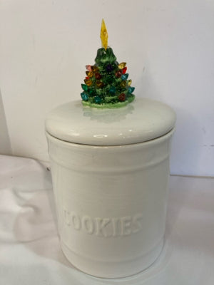 Vintage Cookie Jar White/Green Ceramic Christmas Tree Light up Holiday Item