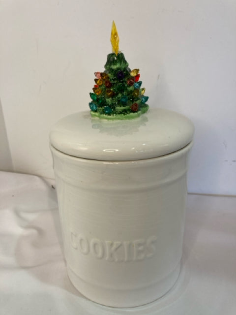 Vintage Cookie Jar White/Green Ceramic Christmas Tree Light up Holiday Item