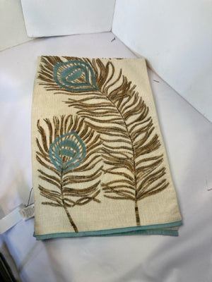 PIER 1 Cream/Brown Cotton Embroidered Beaded Feathers Table Runner