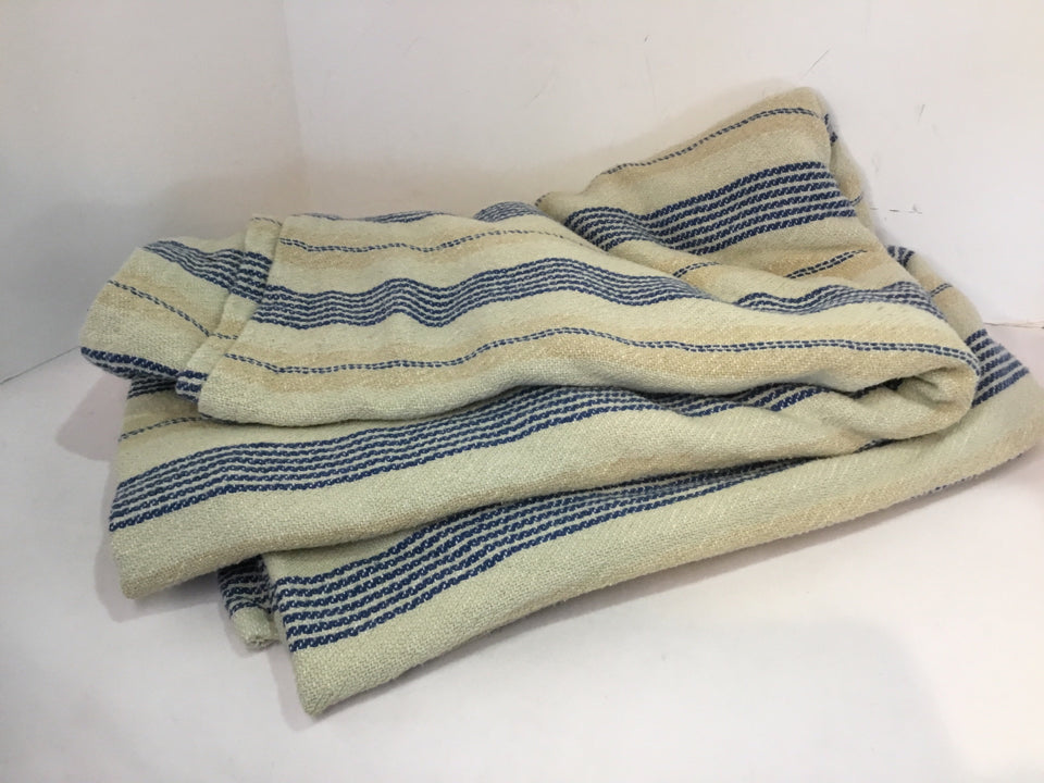 Ralph Lauren Cream/Blue Cotton Striped Blanket