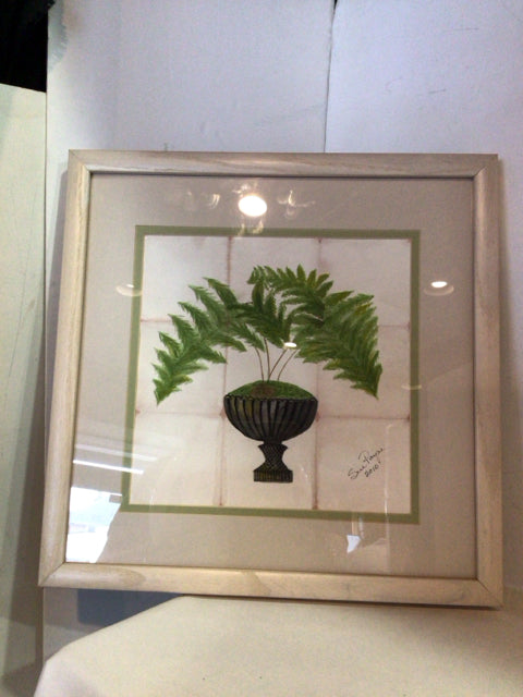 Signed Green/White Tropical Fern Framed Art