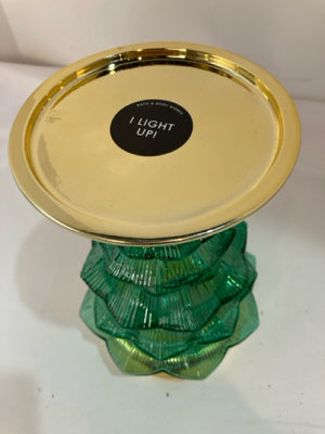 Bath & Body Works Candle Holder Green/Gold Glass Christmas Tree Holiday Item