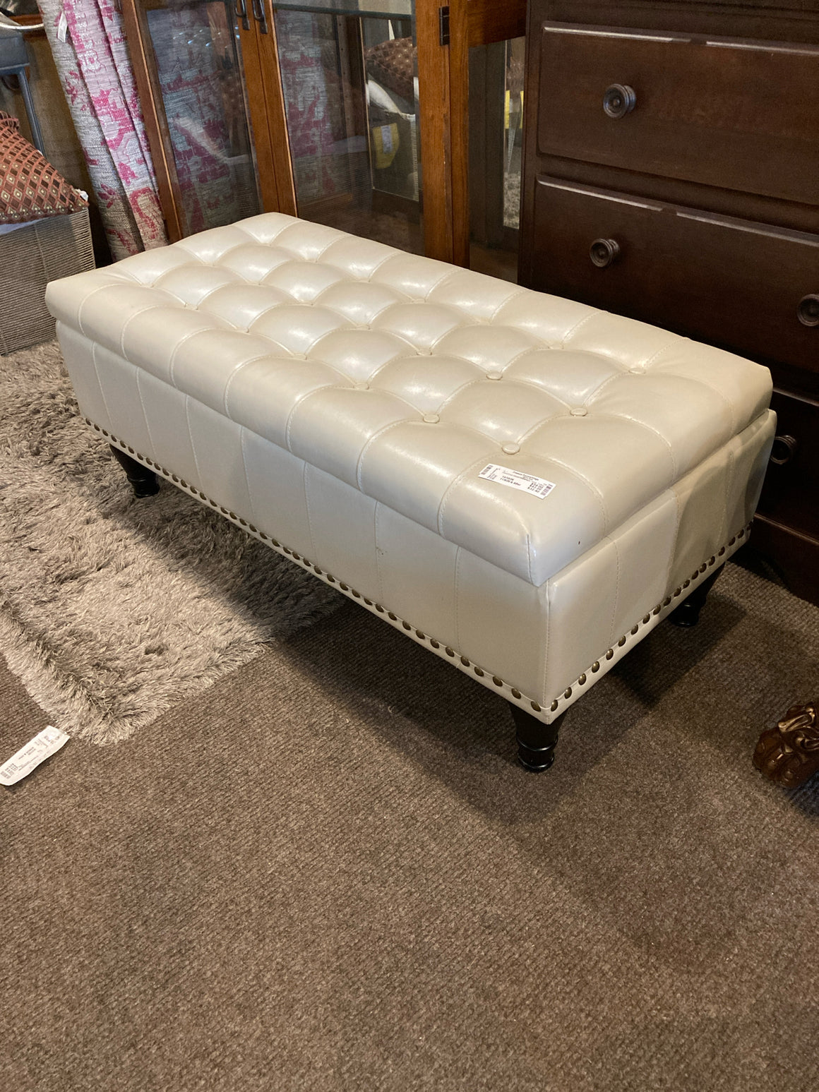 Storage Vinyl Tufted Cream Stool/Foot Stool/Ottoman