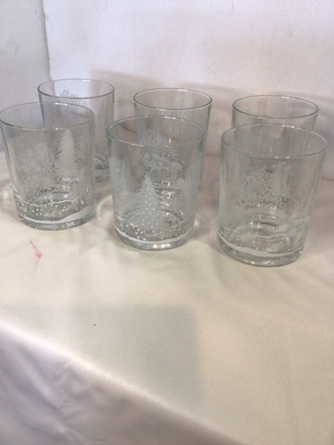 Libbey Glasses Clear/White Glass Winter Scene Set of 6 Holiday Item