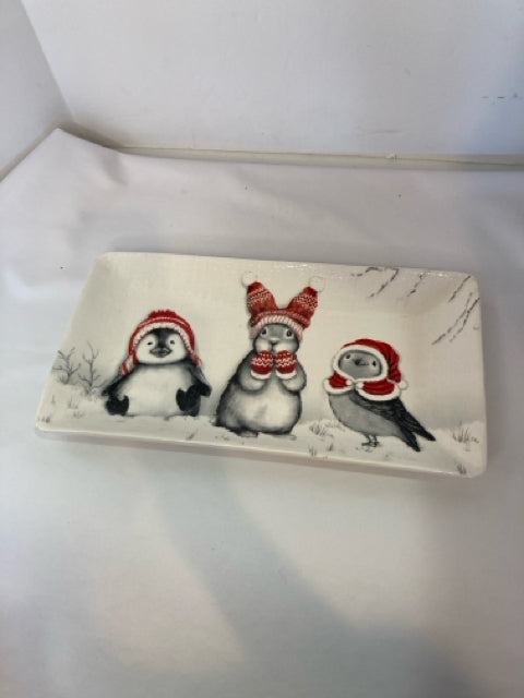 PIER 1 Tray White/Red Ceramic Christmas Animals Holiday Item