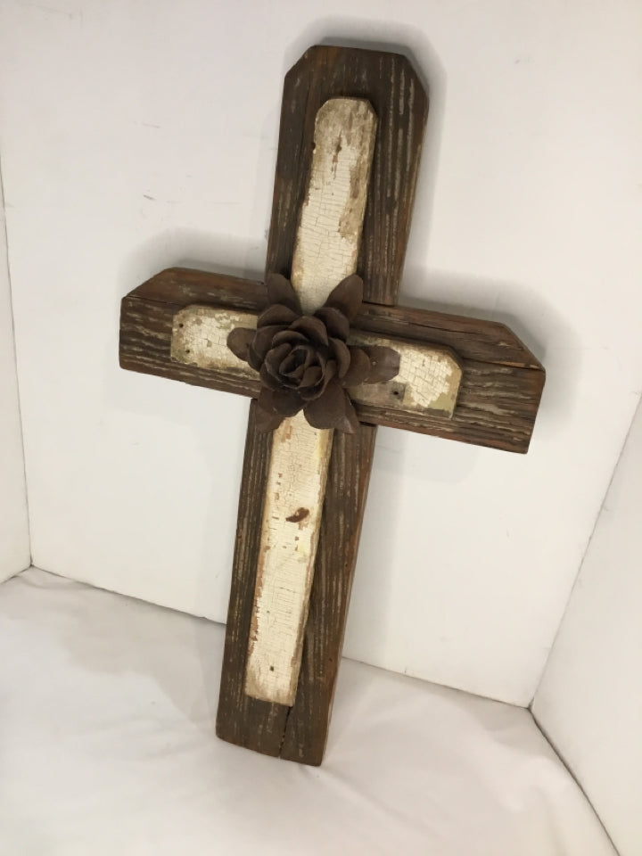 Wood/Metal Cross Brown/White Wall Decoration Art