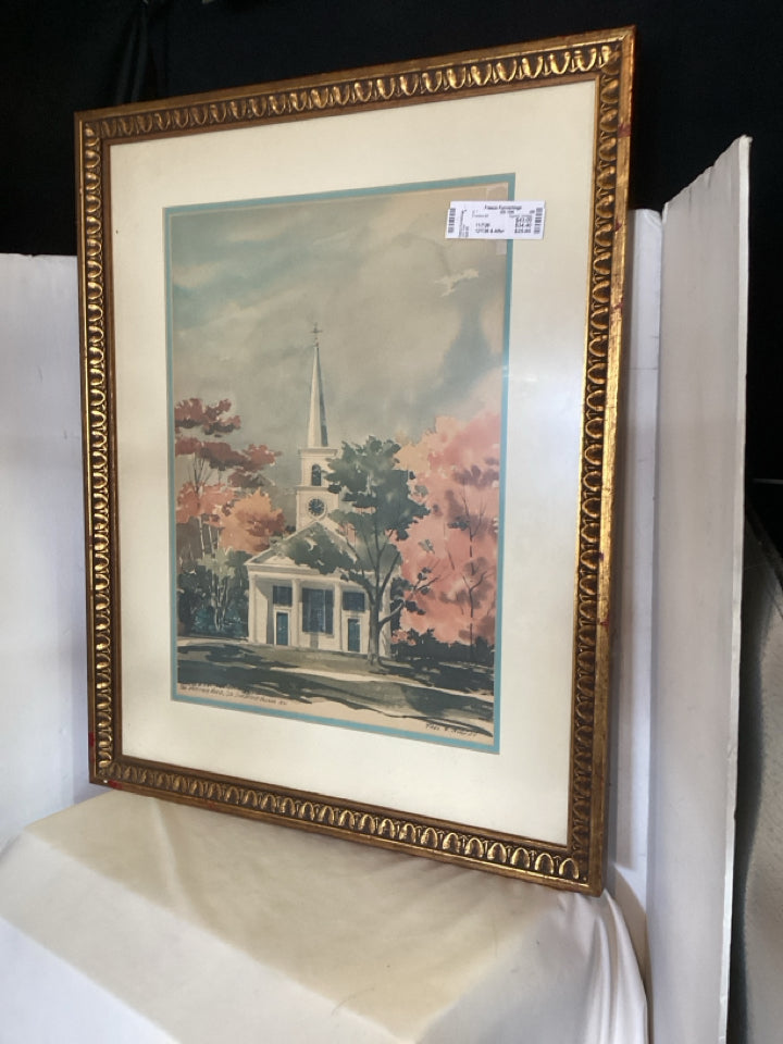 Signed Vintage Blue/Multi Church Framed Art
