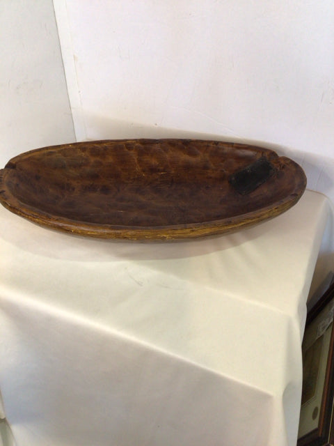 Primitive Brown Wood Carved Oval Bowl