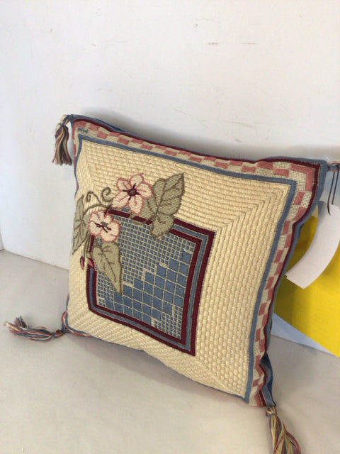 Blue/Multi Needlepoint Flower Pillow