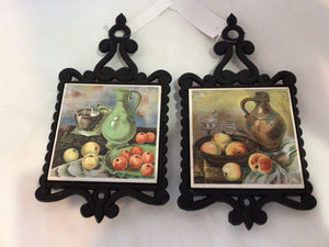 Set of 2 Black/Multi Cast Iron Fruit Trivet