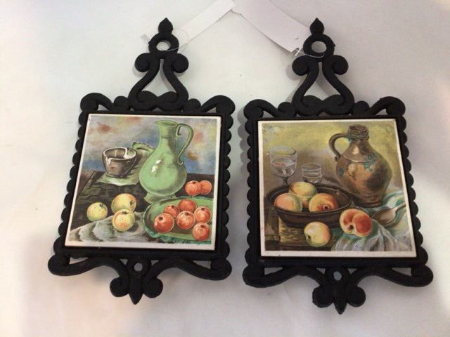 Set of 2 Black/Multi Cast Iron Fruit Trivet