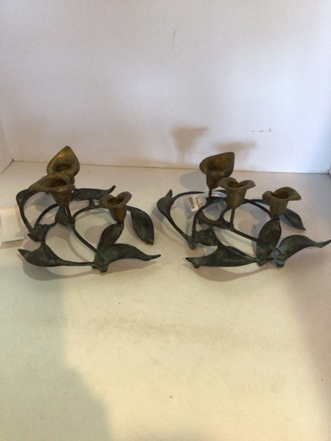 Mid Century Brass Calla Lillies Pair Candle Holder