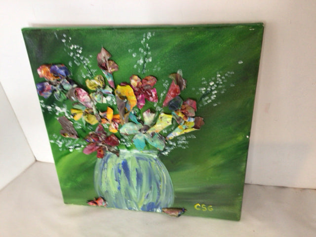 Signed Multi-Color Acrylic Flowers In Vase Stretch Canvas Art