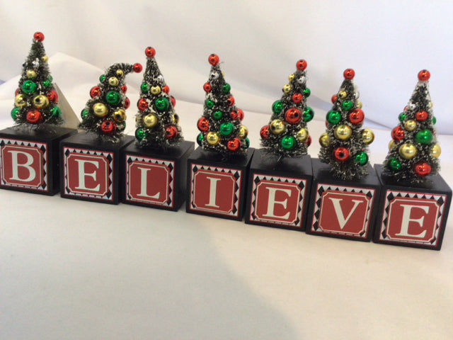 Blocks Multi-Color Wood Christmas Trees Believe Holiday Item