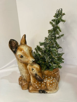 Vintage Planter Brown/Green Resin Deer Christmas Tree Holiday Item