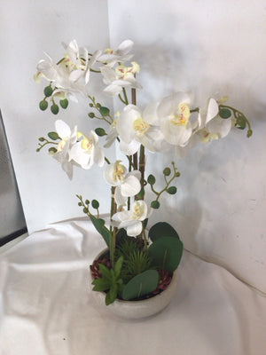 Green/White Orchids In Planter Faux Flowers